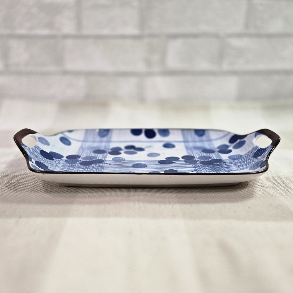 Blue & White Contemporary Asian Leaf Ceramic Serving Tray w/ Handles 12"x6.5"
